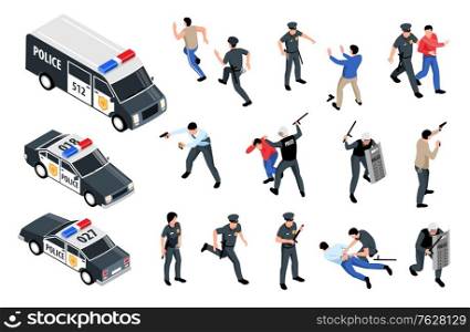 Police officers car van mobile custody unit crime prevention shooting criminals arrest isometric set isolated vector illustration