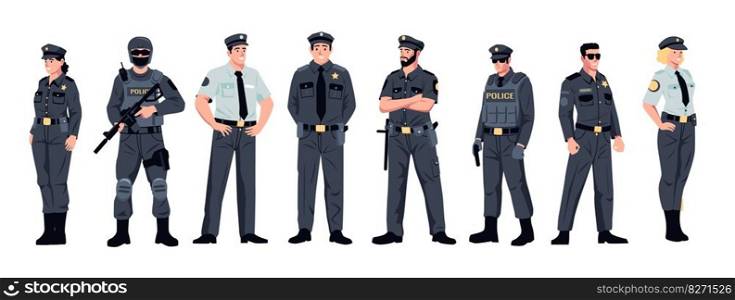 Police officers. Cartoon policeman policewoman characters, flat cops team in uniform, guard and security enforcement concept. Vector isolated set of officer character policewoman illustration. Police officers. Cartoon policeman policewoman characters, flat cops team in uniform, guard and security enforcement concept. Vector isolated set