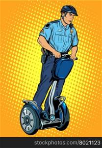 Police patrol electric scooter pop art retro style. The work of the police. Crime law and order.. Police patrol electric scooter