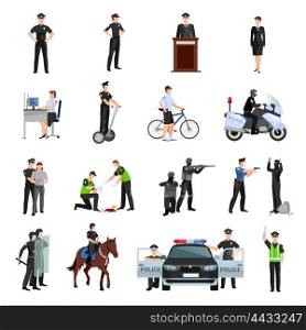 Police People Flat Color Icons Set. Police people in office and outside flat color icons set with traffic policeman criminalists dispatcher mounted police isolated vector illustration
