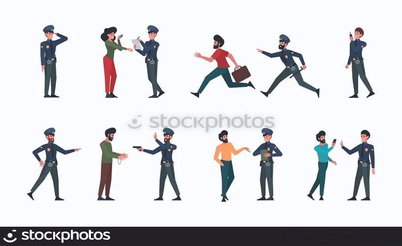 Police persons. Robbery murders and police officers in action poses garish vector flat persons in cartoon style. Police and robbery, thief criminal illustration. Police persons. Robbery murders and police officers in action poses garish vector flat persons in cartoon style