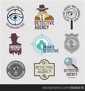 Police private detective agency labels badges and stamps set isolated vector illustration