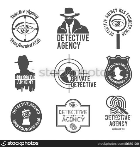 Police private premium detective agency black labels badges and stamps set isolated vector illustration