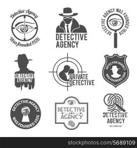 Police private premium detective agency black labels badges and stamps set isolated vector illustration