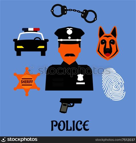 Police profession flat icons with officer in black uniform and peaked hat with handcuffs, gun, police car, sheriff star badge, fingerprint and police dog. Police profession flat icons and symbols