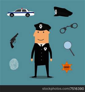 Police profession icons and symbols with officer in black uniform and peaked hat with handcuffs and gun, police car and sheriff star badge, fingerprint and magnifying glass. Police profession icons and symbols