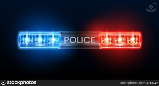 Police siren lights. Beacon flasher, policeman car flashing light and red blue safety sirens. Cop car lighting bar, justice night glowing siren alarm. 3d realistic vector illustration. Police siren lights. Beacon flasher, policeman car flashing light and red blue safety sirens vector illustration