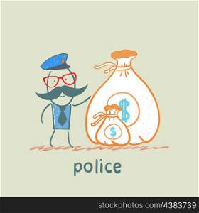 Police stands with a bag of money
