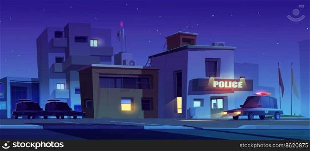 Police station building and patrol cars on parking at night. City street with precinct house, police department office facade and cop vehicles, vector cartoon illustration. Police station building and patrol cars at night