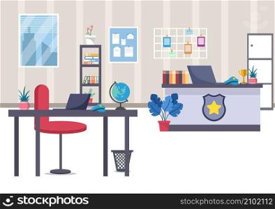 Police Station Department Building with Investigation Bureau Room Interior, Prison Cell and Office Furniture in Flat Style Background Illustration