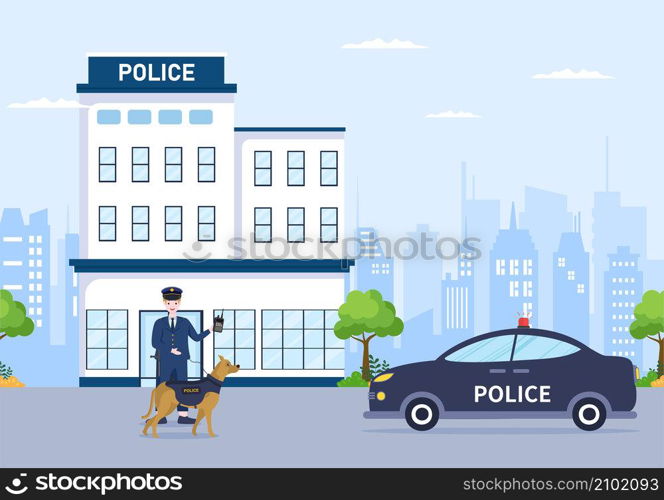 Police Station Department Building with Policeman and Police Car in Flat Style Background Illustration