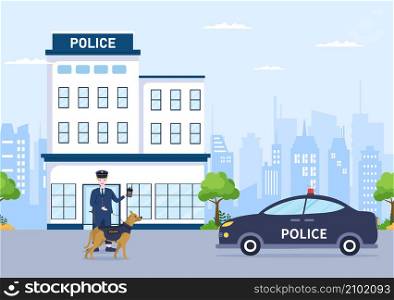 Police Station Department Building with Policeman and Police Car in Flat Style Background Illustration