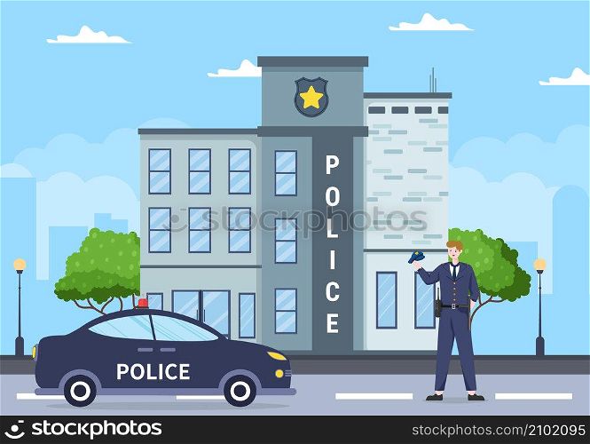 Police Station Department Building with Policeman and Police Car in Flat Style Background Illustration