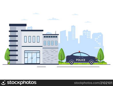 Police Station Department Building with Policeman and Police Car in Flat Style Background Illustration