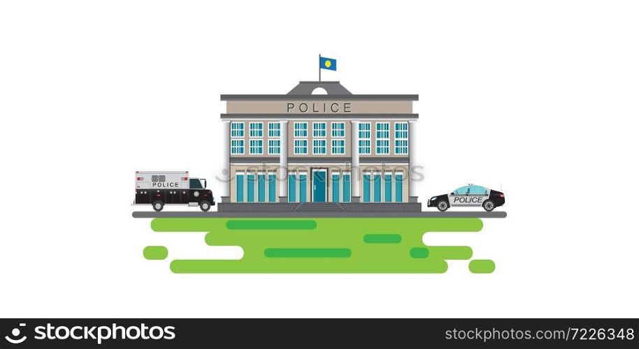 Police station with prison bus icon isolated on white background, flat style Vector illustration.
