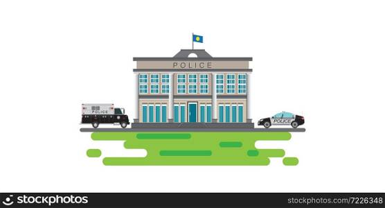 Police station with prison bus icon isolated on white background, flat style Vector illustration.