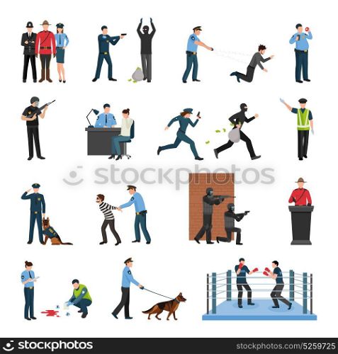 Police Team Training Flat Icons Set. Police officers tact team training and field work flat icons collection with shooting to stop isolated vector illustration