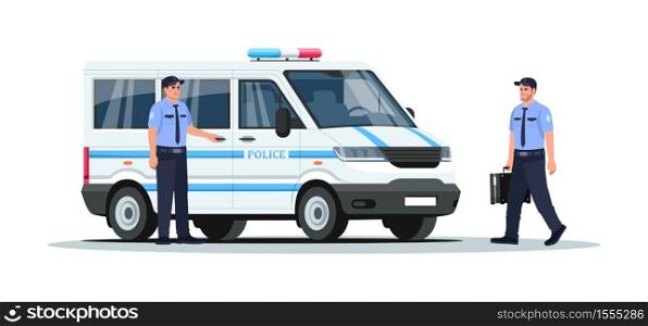 Police truck with guards semi flat RGB color vector illustration. Armored vehicle for enforcement. Van for emergency patrol. Police man isolated cartoon character on white background. Police truck with guards semi flat RGB color vector illustration