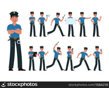 Policeman. American cop in uniform at different poses, writing fine, running, standing, holding gun and placard, police officer prevention and detection of crime cartoon vector isolated character set. Policeman. American cop in uniform at different poses, writing fine, running, standing, holding gun and placard, police officer prevention and detection of crime cartoon vector set