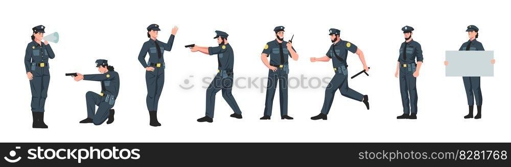 Policeman and policewoman. Male and female police officers in different poses, cartoon cop characters working at enforcement job. Vector flat set of occupation profession character illustration. Policeman and policewoman. Male and female police officers in different poses, cartoon cop characters working at enforcement job. Vector flat set
