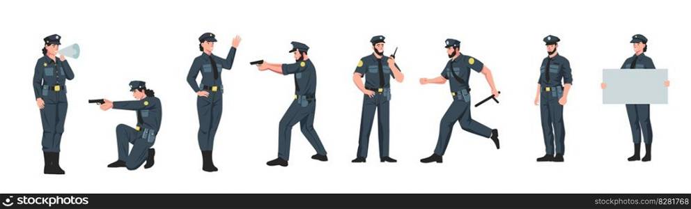 Policeman and policewoman. Male and female police officers in different poses, cartoon cop characters working at enforcement job. Vector flat set of occupation profession character illustration. Policeman and policewoman. Male and female police officers in different poses, cartoon cop characters working at enforcement job. Vector flat set