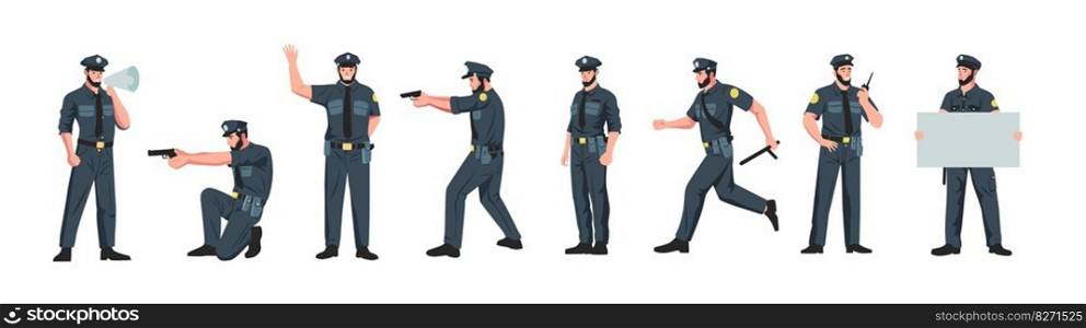 Policeman characters. Cartoon police officer in different poses, cartoon patrol cop and guard person in uniform doing security justice job. Vector set of cop officer policeman illustration. Policeman characters. Cartoon police officer in different poses, cartoon patrol cop and guard person in uniform doing security justice job. Vector set