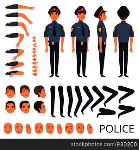Policeman constructor. Security bodyguard profession character creation kit with shotgun various poses cap officer uniform. Construction part for animation and create illustration vector. Policeman constructor. Security bodyguard profession character creation kit with shotgun various poses cap officer uniform