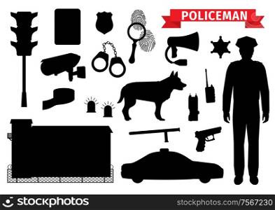 Policeman equipment tools, silhouette icons. Vector isolated police officer gun and sheriff star badge, handcuffs and car alarm siren, traffic lights and CCTV camera, police dig and prison jail. Policeman equipment, police silhouette icons