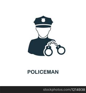 Policeman icon. Monochrome style design from professions collection. UI. Pixel perfect simple pictogram policeman icon. Web design, apps, software, print usage.. Policeman icon. Monochrome style design from professions icon collection. UI. Pixel perfect simple pictogram policeman icon. Web design, apps, software, print usage.