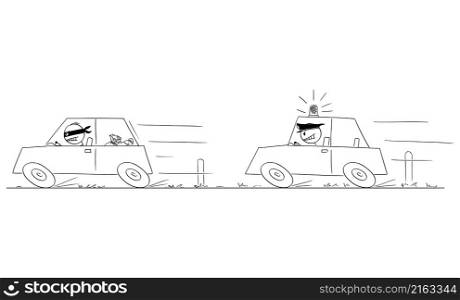 Policeman in police patrol car with flashing light chasing criminal driving another car, vector cartoon stick figure or character illustration.. Police Patrol Car with Flashing Light Chasing Criminal, Vector Cartoon Stick Figure Illustration