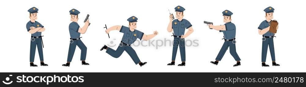 Policeman, police officer or guard character in blue uniform with cap, baton and handcuffs. Vector flat illustration of man cop with walkie talkie, aiming with gun, run and write traffic ticket. Policeman, police officer or guard character