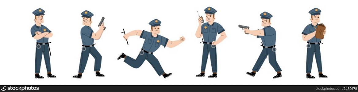 Policeman, police officer or guard character in blue uniform with cap, baton and handcuffs. Vector flat illustration of man cop with walkie talkie, aiming with gun, run and write traffic ticket. Policeman, police officer or guard character