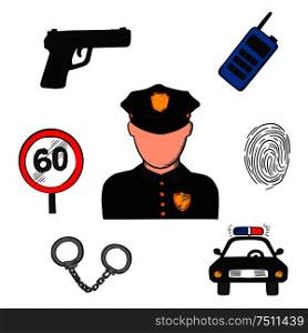 Policeman profession concept with officer in black uniform surrounded by police car, portable radio transceiver, fingerprint, handcuffs, gun and speed limit sign. Policeman in uniform and police icons