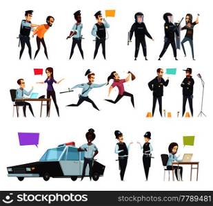 Policemen in work cartoon set with male and female officers involved in traffic patrol pursuit and detention isolated vector illustration . Policemen In Work Cartoon Set