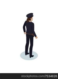 Policewoman realistic vector projection from back view. Police-station female representative in uniform and holster for service weapon or gun icon.. Isometric Policewoman in Overall and Gun Holster