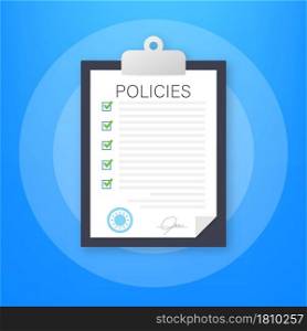 Policies in flat style. Checklist icon. Corporate document. Corporate document. Information reminder. Vector stock illustration. Policies in flat style. Checklist icon. Corporate document. Corporate document. Information reminder. Vector stock illustration.