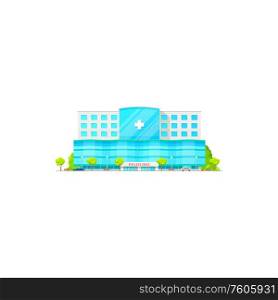 Policlinic building isolated medical hospital exterior. Vector fashionable healthcare center with trees and vehicles. Building of polyclinic isolated medical hospital