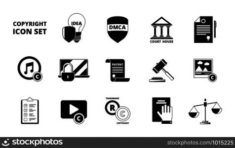 Policy copyright icon. Terms and conditions legal patent compliance standards individual rights protection vector black symbols. Individual copyright and trademark protection illustration. Policy copyright icon. Terms and conditions legal patent compliance standards individual rights protection vector black symbols