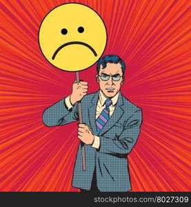 Policy protester poster sad emoticon pop art retro vector. Political protest. Civil protest. Policy protester poster sad emoticon