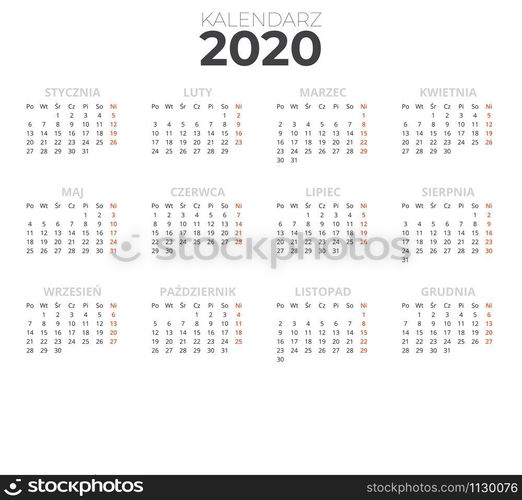 Polish calendar 2020 white. Horizontal calendar for print