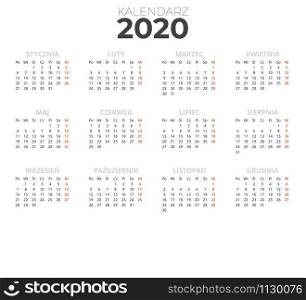 Polish calendar 2020 white. Horizontal calendar for print