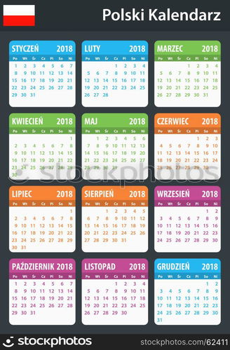 Polish Calendar for 2018. Scheduler, agenda or diary template. Week starts on Monday