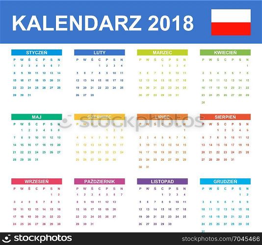 Polish Calendar for 2018. Scheduler, agenda or diary template. Week starts on Monday
