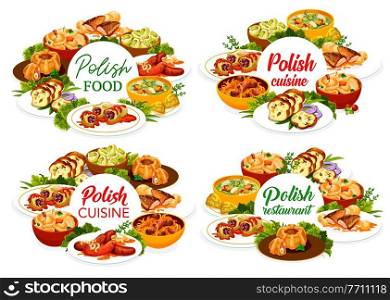 Polish cuisine restaurant menu cover template. Bigos, Faramushka soup and sausages, meatloaf ring, Kalduny and cabbage rolls, carp with sauce, dumplings with potatoes and hazelnut Mazurka, meat bread. Polish food restaurant dishes menu cover layout