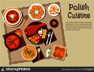 Polish national cuisine dishes with pork leg and grilled vegetables, meat and cabbage stew bigos, noodle chicken soup, vegetarian dumplings pierogi, beet soup, potato pancakes, cookies with jam and bottle of dark beer. Traditional polish cuisine menu dishes
