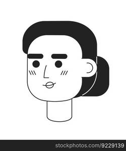 Polite smiling woman with bun hairstyle monochromatic flat vector character head. Editable black white cartoon face emotion. Hand drawn lineart ink spot illustration for web graphic design, animation. Polite smiling woman with bun hairstyle monochromatic flat vector character head