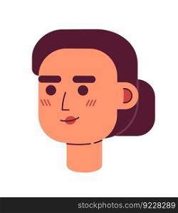 Polite smiling woman with low bun hairstyle semi flat vector character head. Elegant lady. Editable cartoon avatar icon. Face emotion. Colorful spot illustration for web graphic design and animation. Polite smiling woman with low bun hairstyle semi flat vector character head