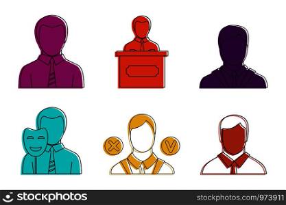 Politic man icon set. Color outline set of politic man vector icons for web design isolated on white background. Politic man icon set, color outline style