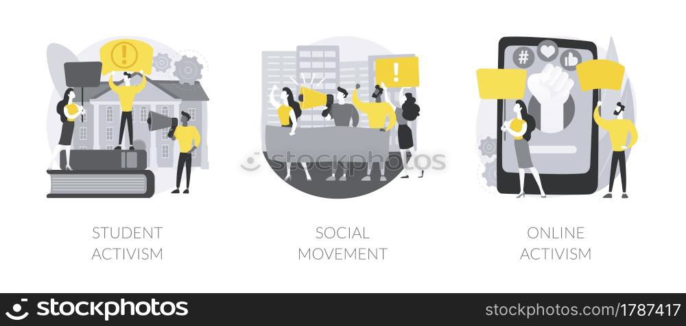 Political and social change abstract concept vector illustration set. Student and online activism, social movement, big crowd, mass protest, group action, digital communication abstract metaphor.. Political and social change abstract concept vector illustrations.