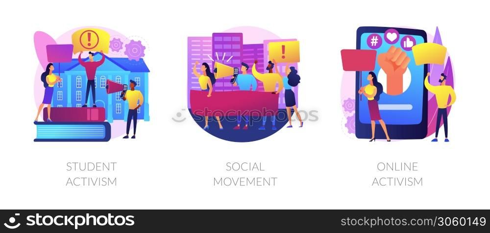 Political and social change abstract concept vector illustration set. Student and online activism, social movement, big crowd, mass protest, group action, digital communication abstract metaphor.. Political and social change abstract concept vector illustrations.